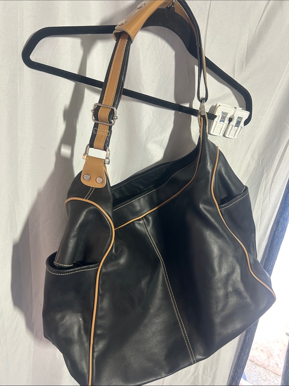 Arcadia Black Leather Shoulder Bag with Tan Piping